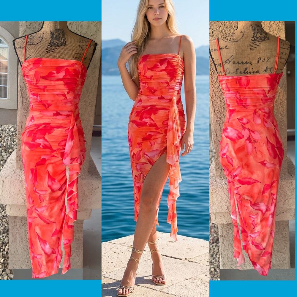 Selfie Leslie Cascading Ruffles Ruched Stretch Asymmetrical Hem Midi Dres Size S
